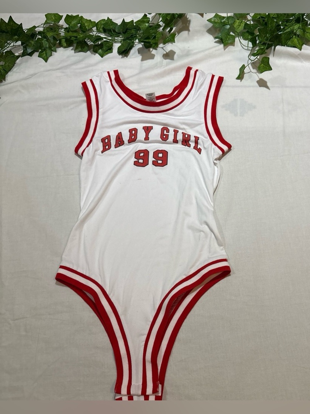 Baby Girl 99 White & Red Ribbed Trim One-Piece